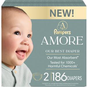 Pampers Amore, Size 2 (10-22 lbs), 186 Count, Our Best Diaper Hypoallergenic & Fragrance Free, Up to 100% Leakproof, Soft as Cashmere