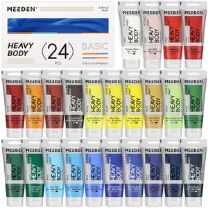 MEEDEN Heavy Body Acrylic Paint - Basic Satin Finish 24 x 60ml (2 oz) Color Paint Set for Adults - Rich Pigment Art Craft Paints for Canvas Clay Wood