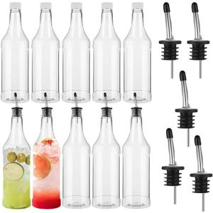 Dandat 20 Pcs 32 oz Plastic Long Neck Bottles with Pourer and Caps Plastic Juice Pour Bottles with Stainless Steel Pourer Tapered Spout for Liquor Juice Store (Sliver)