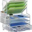MINDEPOT 4-Tier Paper Organizer + 3-Pocket File Holder + Drawer + Pen Holders, Desktop File Organizers Paper Tray for Office Supplies School Classroom Organization (Silver, with Drawer & Pen Holder)
