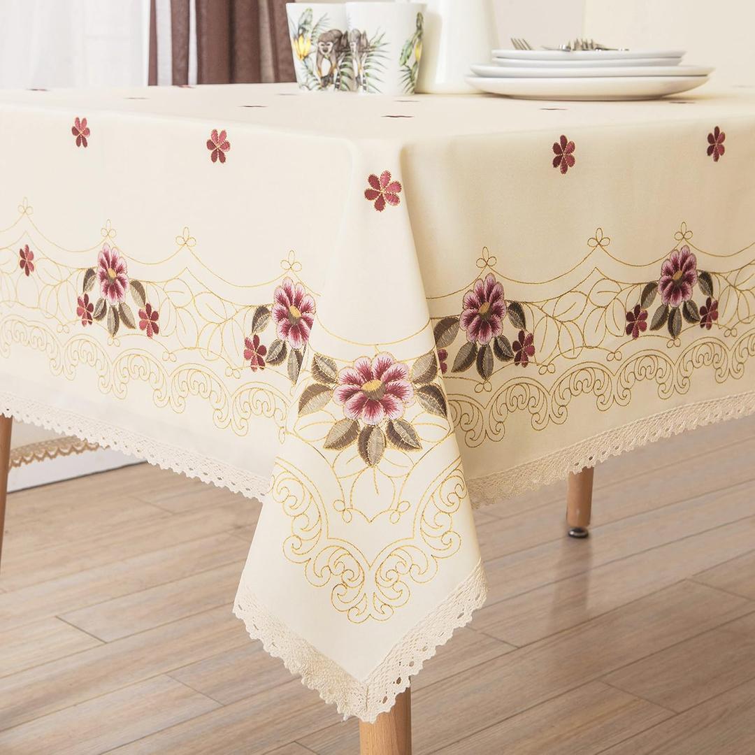 Wewoch Decorative Red Floral Print Lace Water Resistant Tablecloth Wrinkle Free and Stain Resistant Fabric Tablecloths for Kitchen Room 60 Inch by 104 Inch