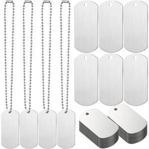 WILLBOND 50 Pieces Military Army Dog Tags Metal Blanks Tags Stamping Sublimation 2 x 1 Inch with Hole 11.8 Inch Chain for Stamping Engraving DIY Craft Army Themed Birthday Parties