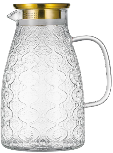 Glass Pitcher with Lid and Handle, 68 oz/2 Liter Vintage Flower Design Fridge Water Pitcher, Borosilicate Glass Water Carafe for Hot/Cold Water,Coffee,Iced Sun Tea,Heat Resistant