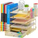 Marbrasse Rose Gold Desk Organizer with File Holder, 5-Tier Paper Letter Tray Organizer with Drawer and 2 Pen Holder, Mesh Desktop Organizer and Storage with Magazine Holder for Office Supplies