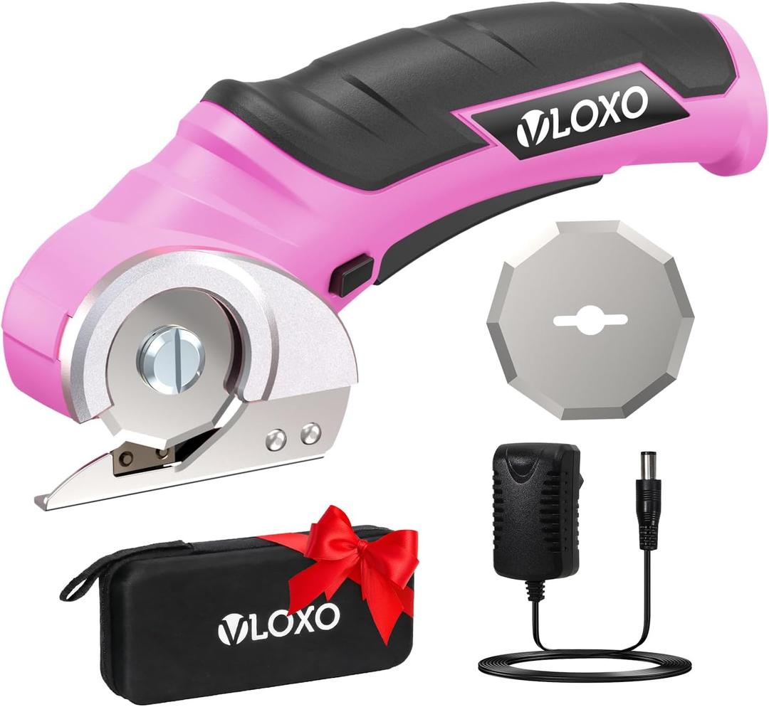 VLOXO Cordless Electric Scissors, Rechargeable Rotary Cutter for Cardboard Leather Fabric Plastic Canvas with Safety Lock, Multi-Purpose Cutting Tool with Replacement Blades and Charger (Pink)