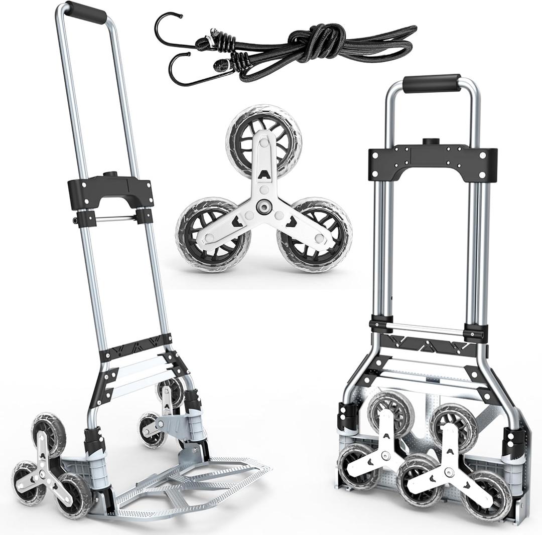 Stair Climbing Cart, 220 LBS Aluminum Stair Climber Dolly, Heavy Duty Folding Hand Truck Dolly with 6 Wheels, Telescoping Handle and Elastic Rope for Home, Moving, Groceries, Warehouse (Black Gray)