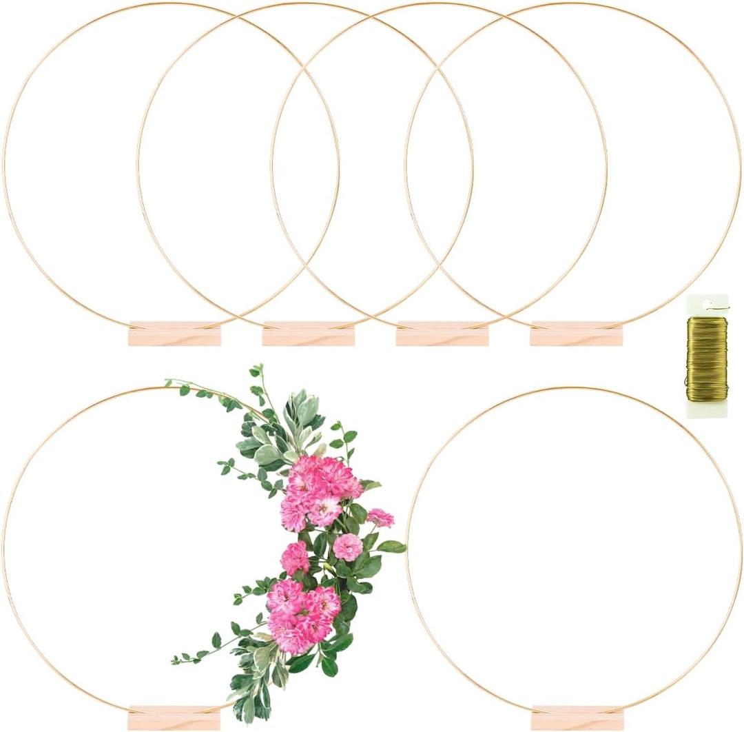6 Pack Floral Hoop with Stand and 38-Yard Paddle Wire 22 Inch Metal Rings for DIY Centerpiece Table Decorations Crafts Macrame Rings Hoop Wreath Dream Catcher Rings Wedding Christmas Wreaths, Gold