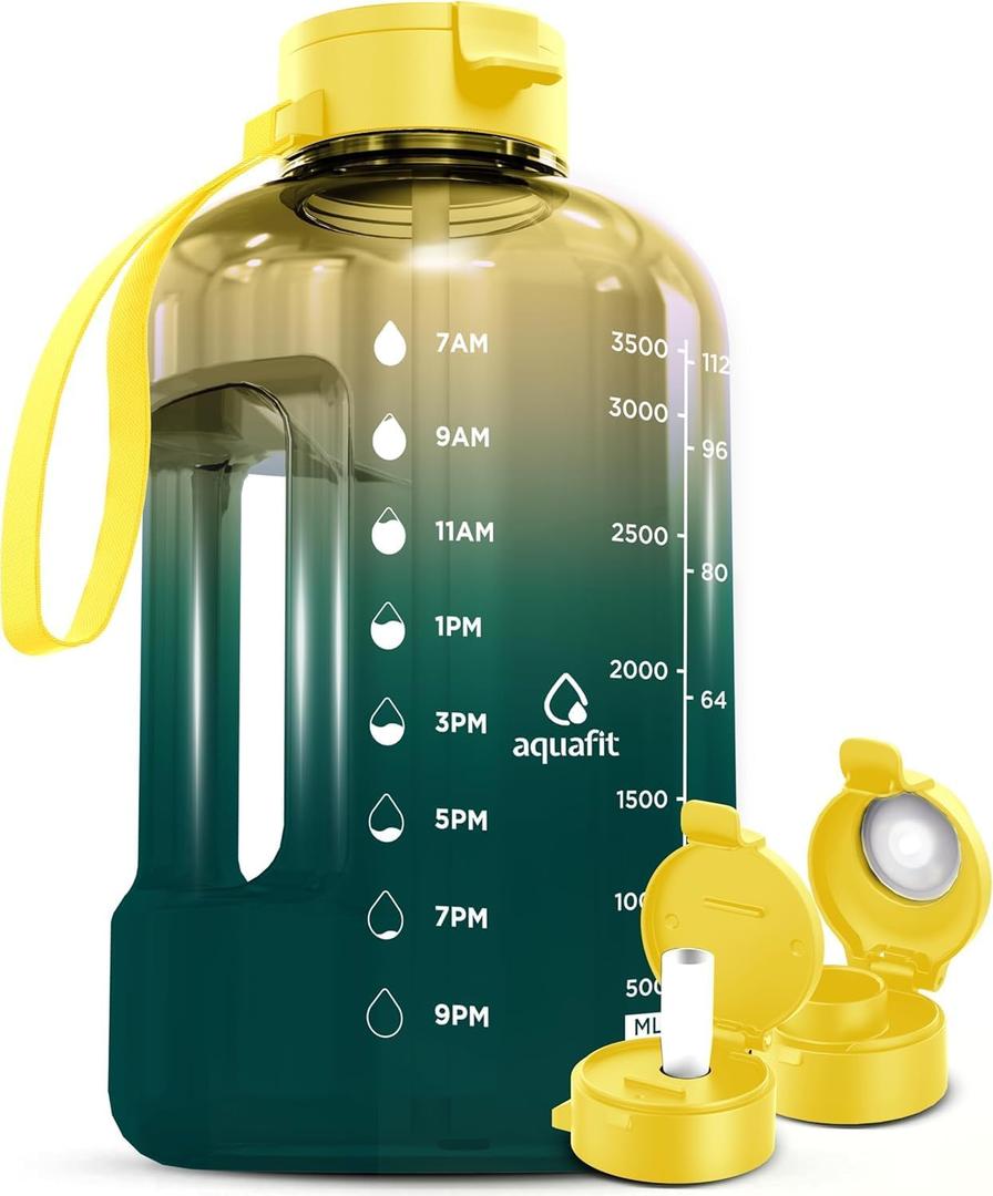 AQUAFIT 1 Gallon Water Bottle with Time Marker - Straw & Chug Lid - BPA Free Gym Water Bottle with Straw - Big Gallon Jug (Forest Fade, 128 oz - 2 Lids)
