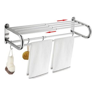 BESy Adjustable 1525 Inch Towel Rack with Shelf for Bathroom and Lavatory Towel Shelf Double Towel Bar Rod 4 Hooks Wall Mount Multifunction Towel Holder Hotel Style Stainless Steel Polished Chrome