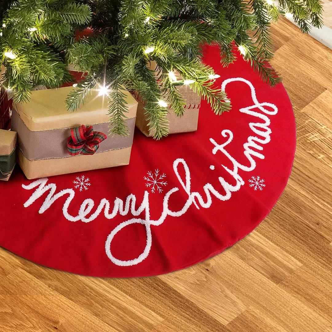 GMOEGEFT Christmas Tree Skirt 36 30 Inches Red Felt with Merry Christmas Tree Skirt Xmas Holiday Decorations (30 in)