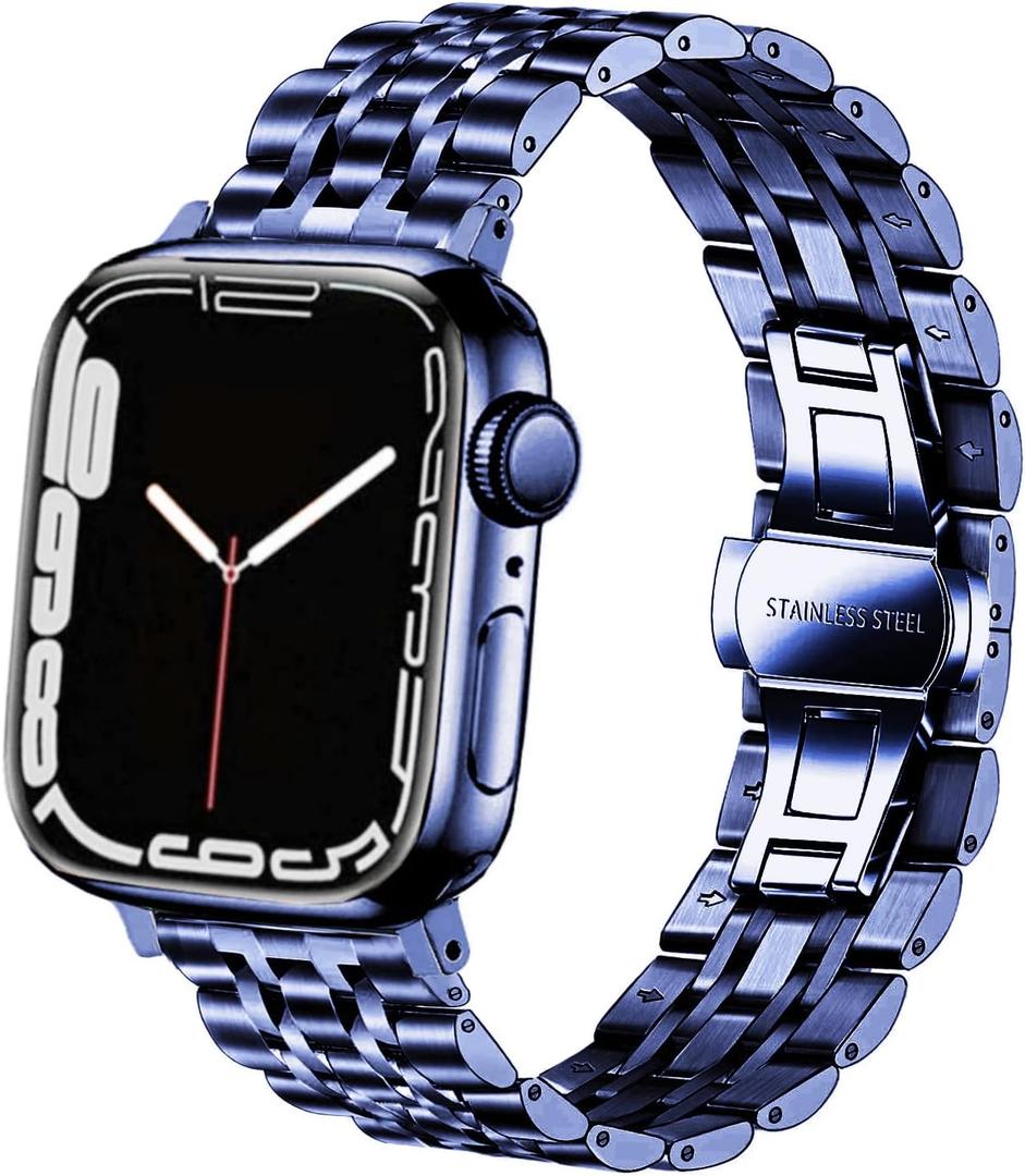 DEALELE Bands Compatible with Apple Watch 49mm 46mm 45mm 44mm 42mm, Solid Stainless Steel Metal Replacement Strap for iWatch Series 11/10 / 9/8 / 7/6 / 5/4 / 3 / SE/Ultra, Blue