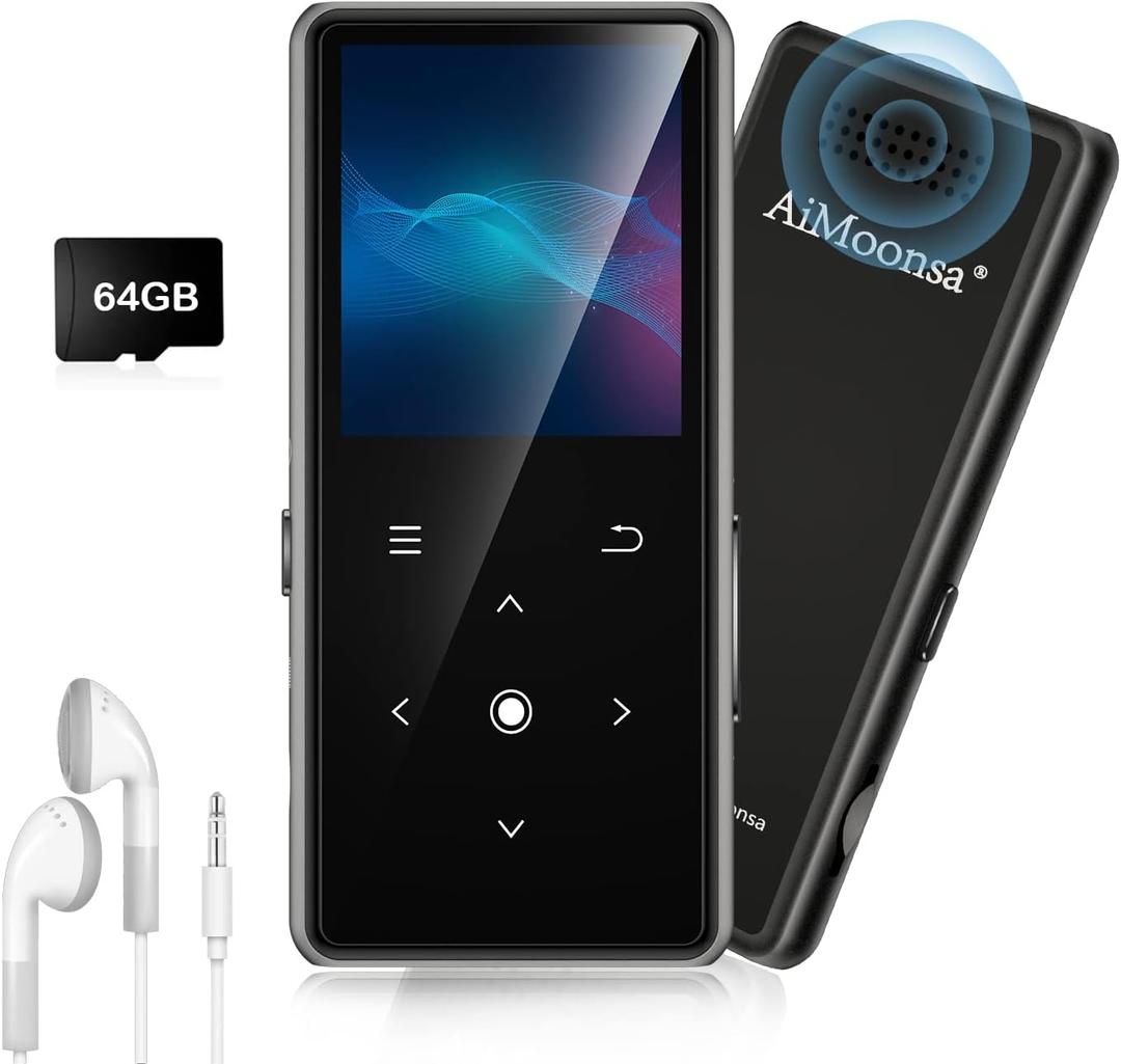 64GB MP3 Player with Bluetooth 5.2, AiMoonsa Music Player with Built-in HD Speaker, FM Radio, Voice Recorder, HiFi Sound, E-Book, Earphones Included (Black)