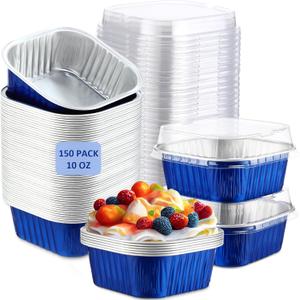 Aoriher 150 Pieces 10 oz Mini Cake Pans with Lids Aluminum Foil Baking Cups Square Disposable Cupcake Cups 4th of July Baking Tins for Independence Day Brownie Pudding Desserts Muffin(Sapphire Blue)