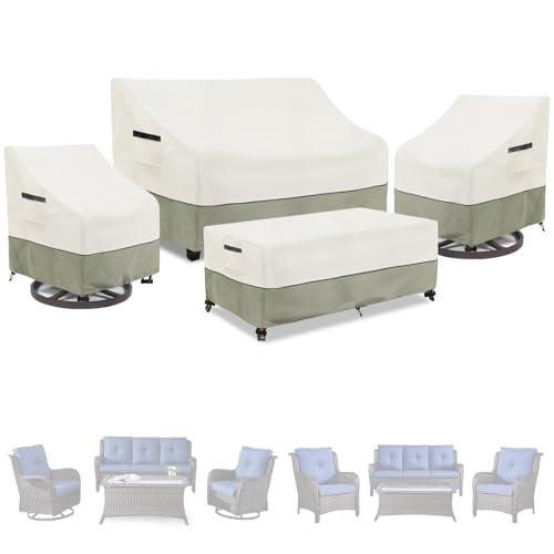 Patio Furniture Covers 4 Piece Set, 600D Heavy Duty Outdoor Furniture Covers Waterproof for Patio 3-Seater Sofa,Swivel Rocker Chair and Coffee Table Furniture Set,White&Grayish Green