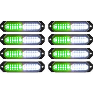 ASPL 8pcs Sync Feature Ultra Slim 12-LED Surface Mount Flashing Strobe Lights for Truck Car Vehicle LED Mini Grille Light Head Emergency Beacon Hazard Warning Lights (Green/White)