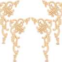 4 Pieces Wood Appliques Onlays Decorative Wooden DIY Applique and Onlays for Furniture Unpainted Carved Corner for Cabinet Door Bed Wardrobe Furniture Decoration
