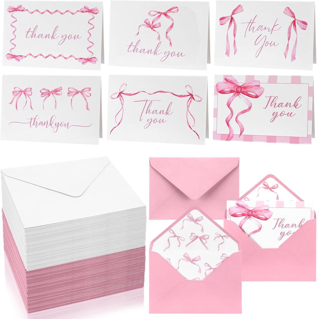 60 Set Thank You Cards with Envelopes 4"x 6" Watercolor Greeting Cards Blank with Envelopes for Wedding, Baby Shower, Bridal Shower, Graduation, Teacher Appreciation Gifts(Pink Bow)