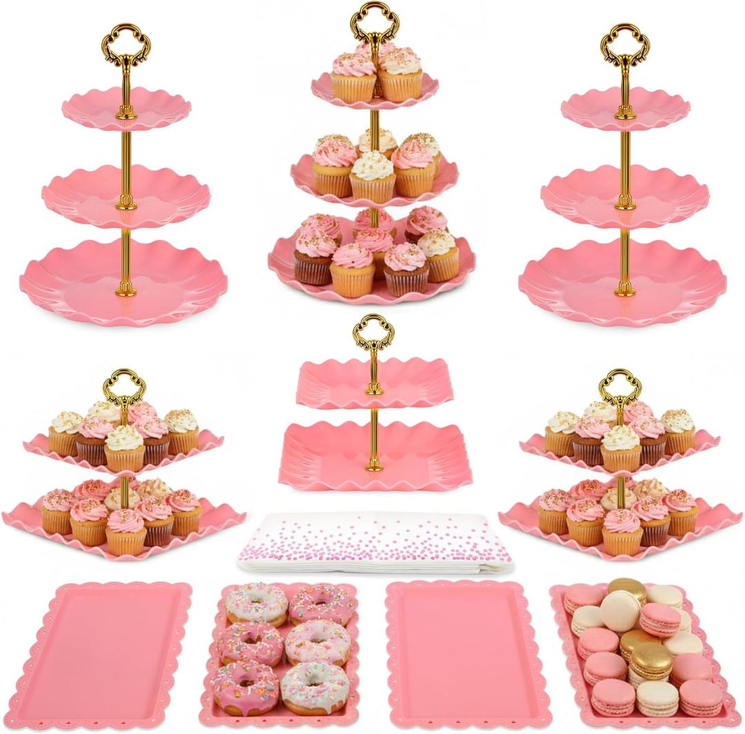 Pack of 10 NWK Cake Stand Set, with 3 x Two-Tier and 3 x Three-Tier Cupcake Stands, 4 x Appetizer Trays, 1 x Tablecloth for Birthday Bridal Baby Shower Party (Pink)