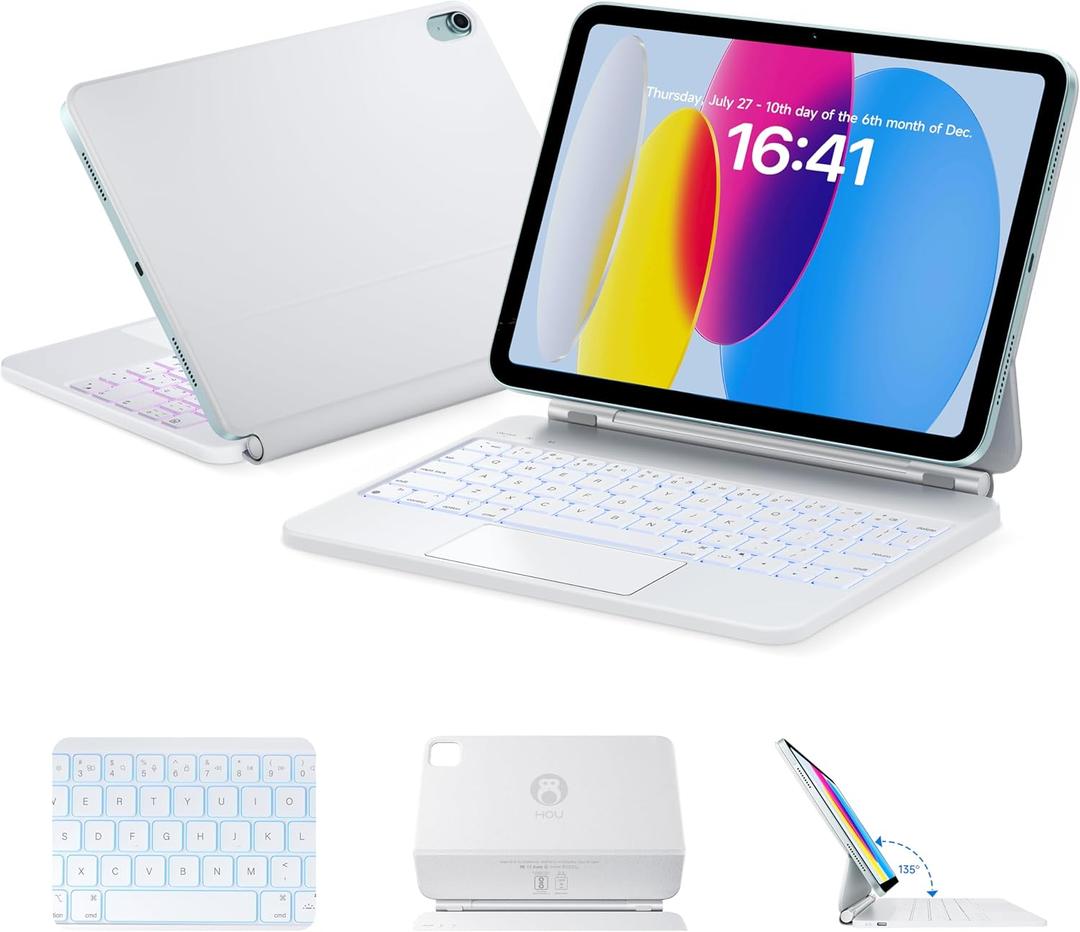 HOU Keyboard Case for iPad A16 11/10, Magnetic Magic-Stand, Floating Design, Durable Spindles, Multi-Touch Trackpad, 7 Colors Backlit, Stain Resistant PU, Bluetooth (White)