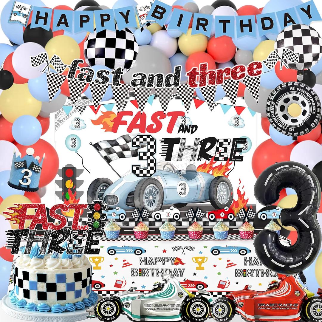 Race Car 3rd Birthday Party Decorations Race Car 3rd Birthday Decorations for boys include Backdrop, Balloons, Banner, Cake & Cupcake Toppers, Tablecloth