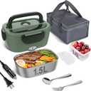 Vabaso Electric Lunch Box for Adults, 80W Heated Lunch Box Portable Food Warmer Lunch Box for Work/Men/Car/Truck with 1.5L 304 Stainless Steel Container Fork & Spoon, 110V/12V/24V (Dark Green)