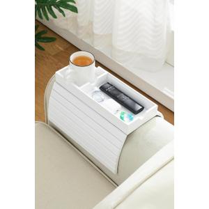 Sofa Arm Tray, Bamboo Large Couch Cup Holder Tray with Hidden Storage, Sofa Armrest Portable Anti-Spill Beverage SnackWhite