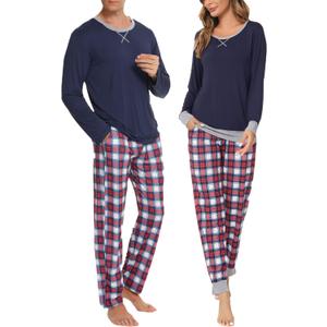 SWOMOG Couples Pajama Sets Women & Men Long Sleeve Sleepwear Top Plaid Pants Loungewear Set with Pockets (Medium, Navy Blue - Red Plaid)