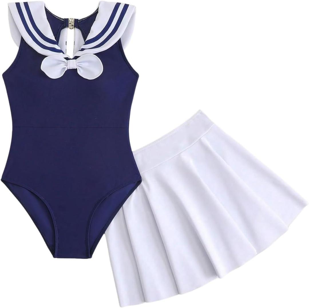 OYOANGLE Girl's Cute Bow One Piece Swimsuit with Ruffle Beach Skirt Cover Up Sporty Bathing Suits (Blue and White, 9Y)