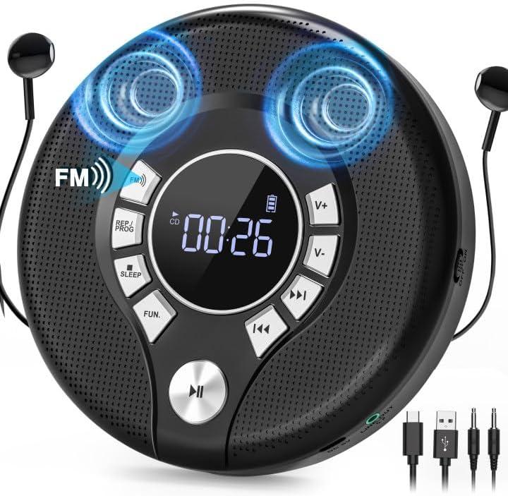 Portable CD Player with 2000mAh Rechargeable Battery, Personal Walkman CD Player for Car with AUX, CD Discman Player with Headphone, USB Port, Dual Speaker, FM Transmitter, Anti-Skip Protection, Backlight