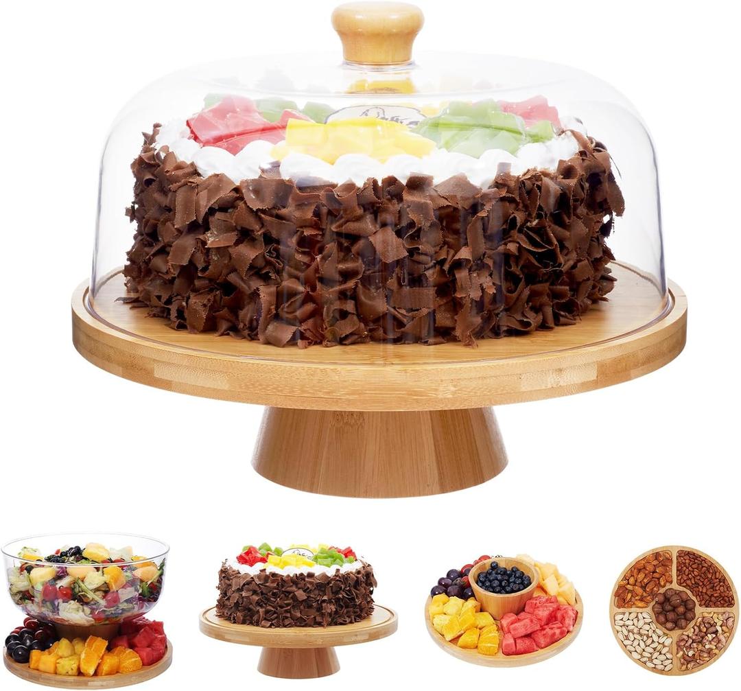 Bamboo Cake Stand with Lid, 6-in-1 Multifunctional Cake Plate, Cake Holder, Serving Tray, Fruit Platter, Salad Bowl, Dessert Table Display & Acrylic Cake Dome Cover (Wood)
