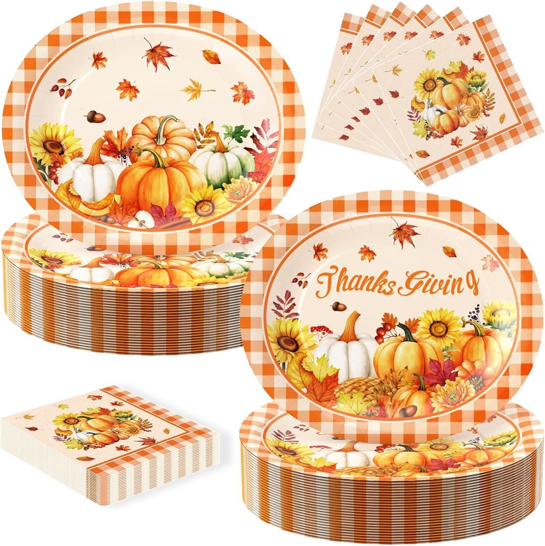 100 Pcs ThanksGiving Oval Paper Plates and Napkins Set, 10" x 12" Large Disposable Pumpkin Plates for ThanksGiving Party Supplies