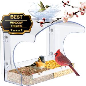 Goodeco Clear Window Bird Feeder - Outdoor Window Feeder with Strong Self-Adhesive Hooks, Bird Bath or Water Bowl for Outside Watchings - with a Brush, Easy to Clean, Ideal Gifts for Mom Parents