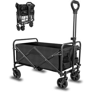 Collapsible Foldable Wagon, Beach Wagon Cart Heavy Duty with Wheels Foldable, Utility Folding Grocery Wagon for Camping, Sports, Outdoor Activities, (Black) 