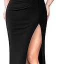 VFSHOW Womens Ruffle One Shoulder Strap Ruched Formal Prom Wedding Maxi Dress V Neck Elegant Split Cocktail Evening Long Gown (Black, Large)