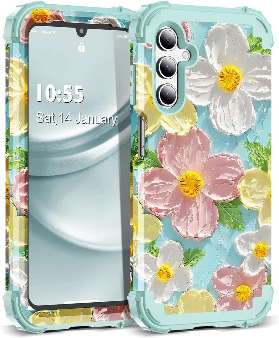 for Galaxy A15 5G Case,3 in 1 Oil Painting Flower Pattern Heavy Duty Shockproof Protection Silicone Rubber Bumper+Hard Plastic Hybrid Protective Cover for Samsung A15 6.5",Green Flower