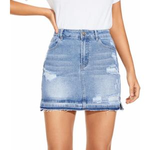 VIPONES Women Denim Skirt High Waist Raw Hem Stretch Ripped Casual Mini Jean Skirts, 12