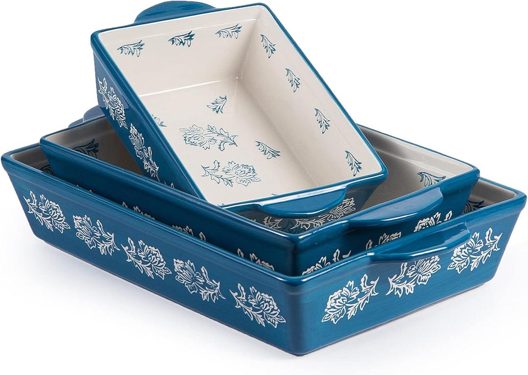 Wisenvoy Baking Dish Ceramic Lasagna Pan Casserole Dish 3-Piece Bakeware Sets Baking Dishes Baking Set Baking Dish Set (Blue Flower)