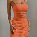 SEBAQINY Summer Bodycon Slip Dress: Women’s Sexy Hollow Out Strap Spaghetti Outfits - Short Party Dress for Club Wear 22521 (Orange,Small)