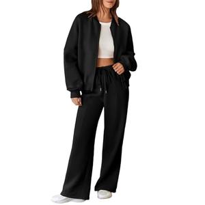 Aleumdr Women's 2 Piece Outfits Sweatsuit Fleece Zip Up Long Sleeve Sweatshirt with Wide Leg Sweatpants Lounge Set Black Large