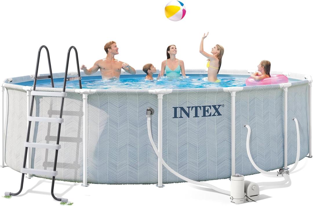 INTEX 26745EP 16ft X 48in Chevron Prism Frame Premium Above Ground Swimming Pool Set with 1500 GPH Filter Pump, Removable Ladder, Ground Cloth, Pool Cover
