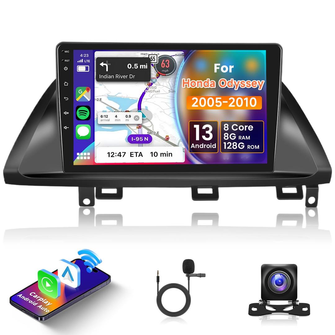 8 Core 8+128G for Honda Odyssey 2005-2010 Android Car Radio with Wireless Carplay Android Auto, 10.1 Inch QLED Touch Screen Car Stereo Supports 4G/ WiFi, GPS, FM/AM, Bluetooth 5.0, Backup Camera