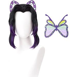 SL Kochou Shinobu Cosplay Wig + Butterfly Hair Clip for DS, Long Black Purple Wig Anime Hair Wigs with Cap for Halloween Costume Party