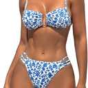 Floerns Women's Floral Print V Wired Summer Cheeky Thong Two Piece Bikini Swimsuit (X-Large, Blue and White)