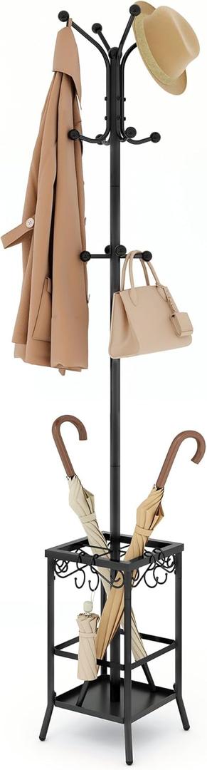 Hoctieon Coat Rack Freestanding, Entryway Hanger Stand, Umbrella Holder, Hall Tree With 12 Hooks, Floor Standing Metal Tree Stand, Black