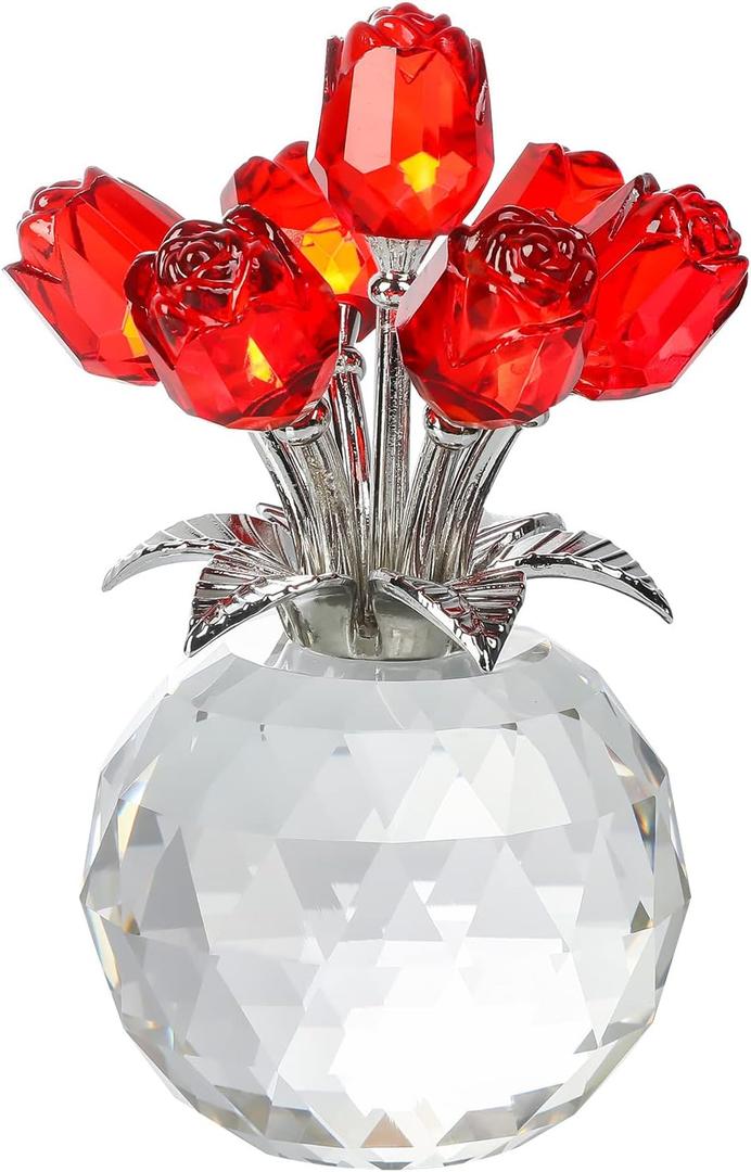 Red Rose Flower Crystal Figurine with Vase, Bouquet Flowers Ornament Gifts for Wife Girlfriend Women , Handmade Crystal Flower Collectible Home Table Decor for Valentine's Day Wedding Anniversary