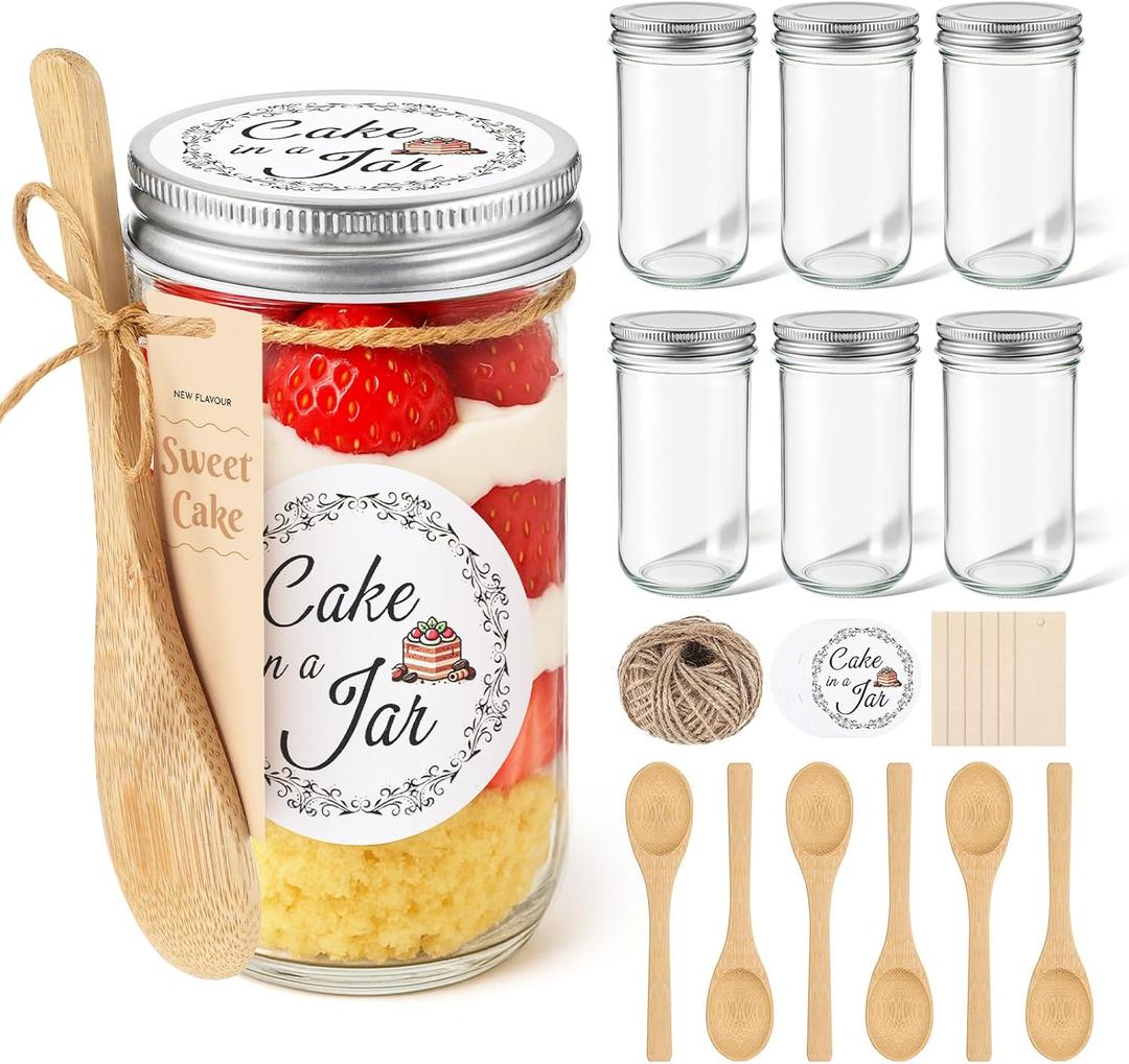 Blushtier 6 Pack 12 oz Mason Cake in a Jar with Lids Including 6 Glass Wide Mouth Canning Jars, 6 Wooden Spoons, 12 Stickers, 6 Tags and Rope for Christmas Baby Shower Wedding Favors