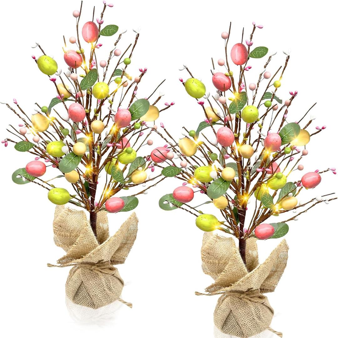 Vanthylit Easter Decorations, 2 Pack Easter Tree with Eggs Artificial Battery Powered Tabletop Centerpiece Lighted Artificial Tree for Holiday Party Spring Home Decor
