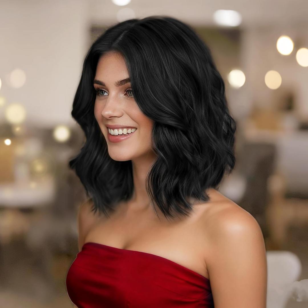 Black Short Wavy Wig for Women Lace Hairline Bob Style Synthetic Heat Resistant - Natural Appearance for Everyday Hairstyle 14 Inch
