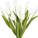 IPOPU White Tulips Artificial Flowers,10PCS Real Touch Fake Flowers 18.9" Realistic Long Stem Faux Tulips for Wedding Party Spring Easter Home Decoration (White)
