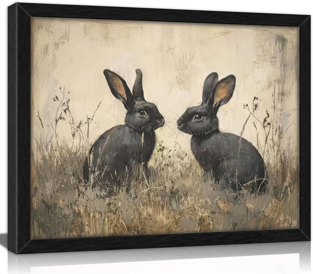 Black Framed Vintage Easter Bunny Wall Art Spring Moody Rabbit and Cottagecore Canvas Print Country Animal Painting Picture Rustic Farmhouse Floral Poster Artwork for Living Room Bedroom